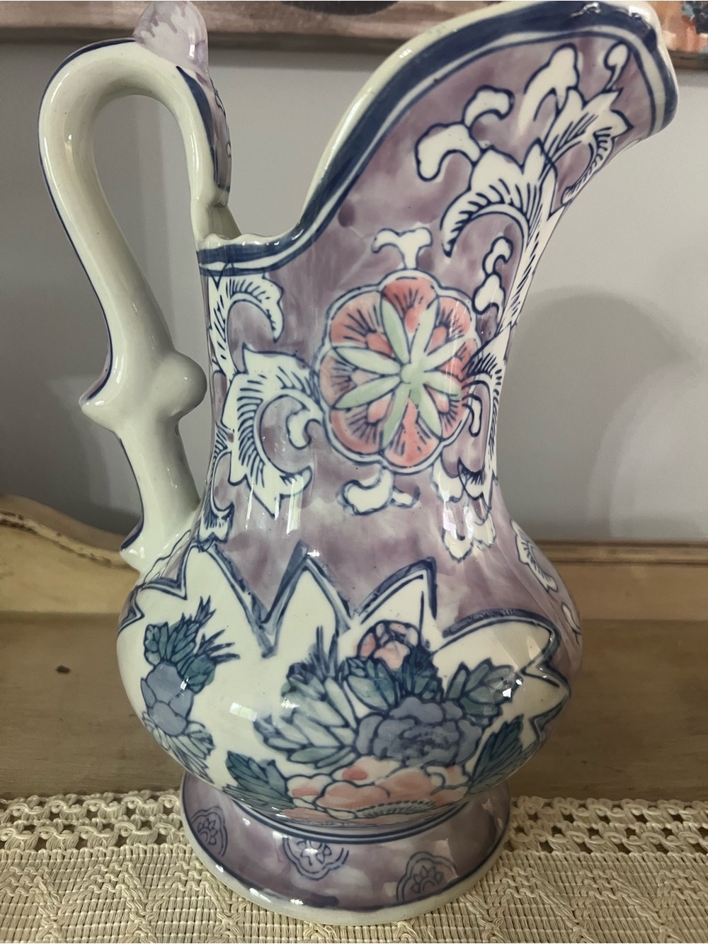 Hand-Painted Floral Ceramic Pitcher in Lavender and Cream
